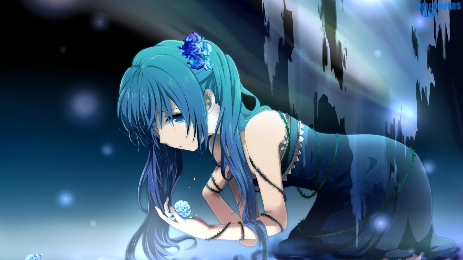 Vocaloid hatsune miku girl water flowers 1600x900