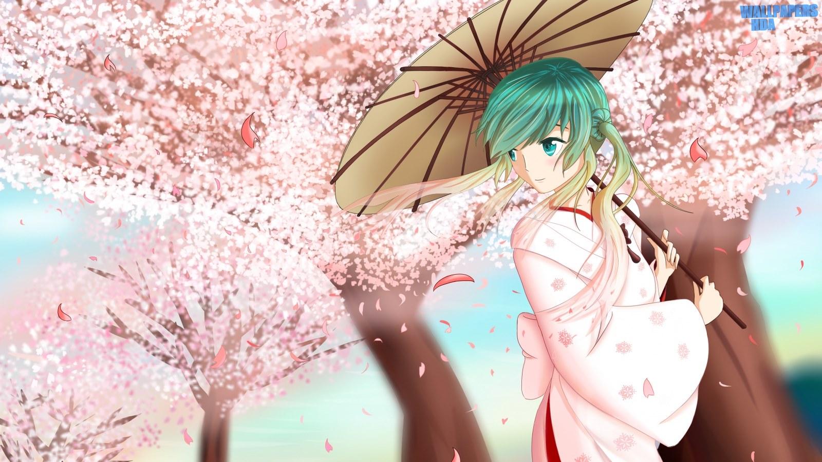 Vocaloid hatsune miku kimono cherry umbrella 1600x900